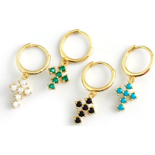 925 Sterling Silver Earring Fashion Colored Zircon Cross Short Pendant Drop Earring French Style Cute Woman Girl Ear Jewelry