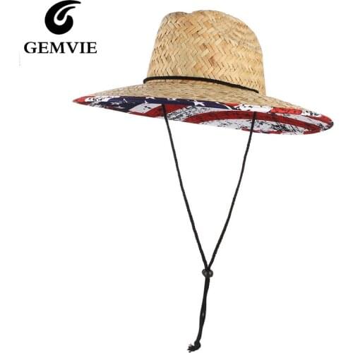 GEMVIE Wide Brim Flag Lifeguard Straw Safari Hat For Men Women Summer Sun Hat with Chin Cord