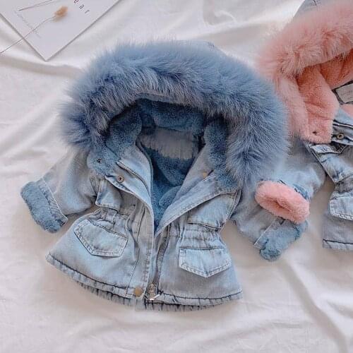 Girl Warm Winter Coat Thicken Puffer Denim Jacket with Removable Fur Hood Toddler Outerwear Plush Cotton 1-5 Years Kids Parka