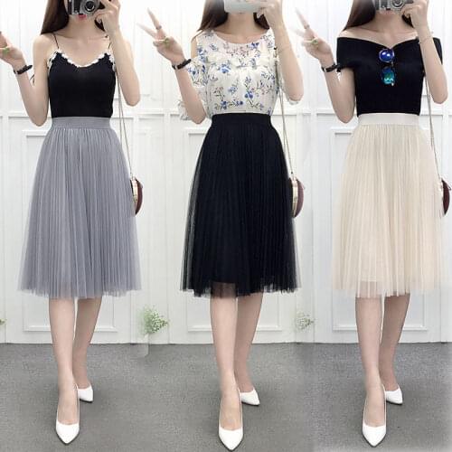 Womens Mesh Skirt Pleated Skirt A- Line High Waist Expansion Skirt Woman Skirts Mujer Faldas Saias Mulher