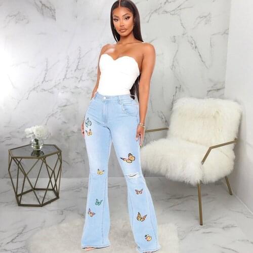 Butterfly Embroidery Spliced Ripped Jeans for Women Korean Style High Waist Bell Bottom Pant Vintage Flare Long Denim Trousers