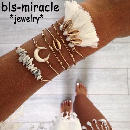 YC-UPGO Bohemian Shell Charm Bracelet For Women Girls 2019 New Bracelets Set Tassel Statement Female Handmade Boho Jewelry