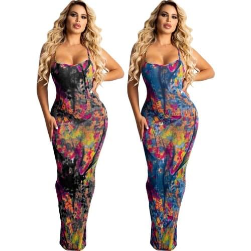 Women Sexy Sheath Dress Backless Sling Split Long Dress Denim Tie-dye Pattern Casual Bag-hip Sundress High Quality Women Clothes