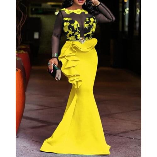 Women Sexy Sheer Mesh Insert Party Dress No Belt Long Sleeve Ruffles Fishtail Dress