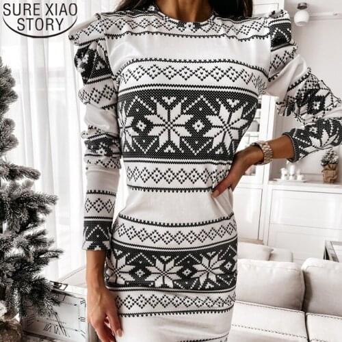 Women Pencil Dress 2021 New Fashion Christmas Dresses Knitted Cotton Floral Print O-neck Knee-lengrth Vestido Feminino 12839