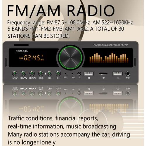 New SWM-80A 1DIN Car Radio 12V Audio Source Recording Parking Location Multimedia Music MP3 Player AUX/USB/FM Stereo Receive