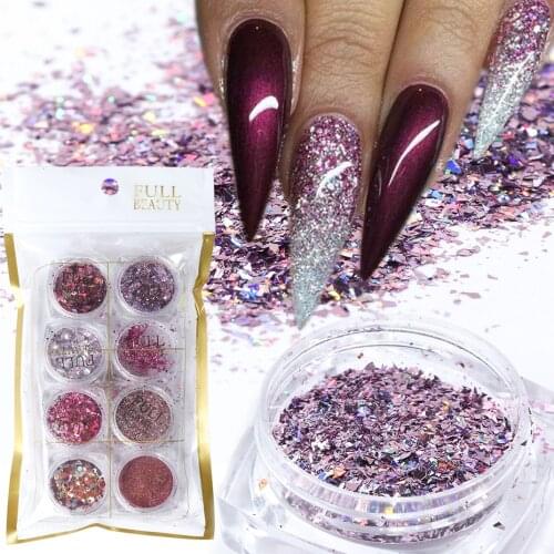 8pcs Nail Art Glitter Sequins Flake Holographic Rose Gold Shimmer Nail Art Powder Paillette UV Gel Polish Manicure Set LY1506-05