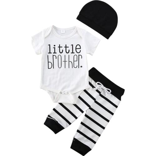 Citgeett Summer Newborn Infant Baby Boy Casual Top Letters Romper Striped Pants Beanie Hat Outfit Clothes Casual Set