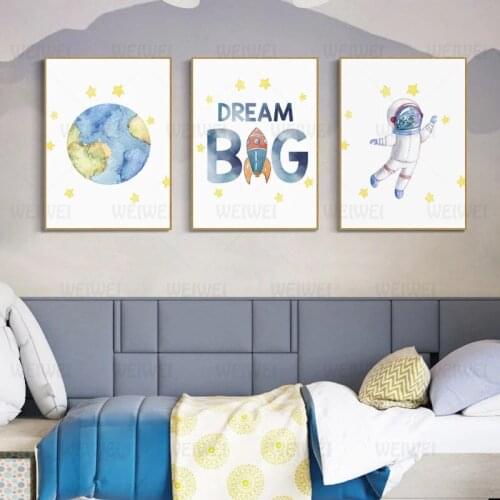 Baby Nursery Rocket Wall Art Cartoon Poster Print Big Dream Astronaut Canvas Painting Kids Room Decoration Picture Boy Bedroom