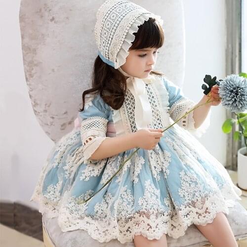 Senior Childrens Spring Summer 2021 New Girls Spanish Style Light Luxury Round Neck Three-Quarter Sleeves Lolita Princess Dress