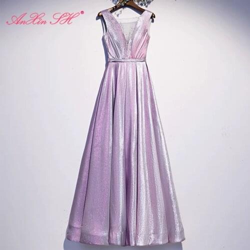 AnXin SH princess purple sparkly satin evening dress vintage party v neck sleeveless a line violet bride lace up evening dress