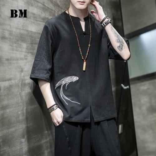 Chinese Traditional Dress Koi Embroidery Cotton Linen T Shirt Men Clothing 2021 Summer Short Sleeve Top Plus Size Thin Hanfu