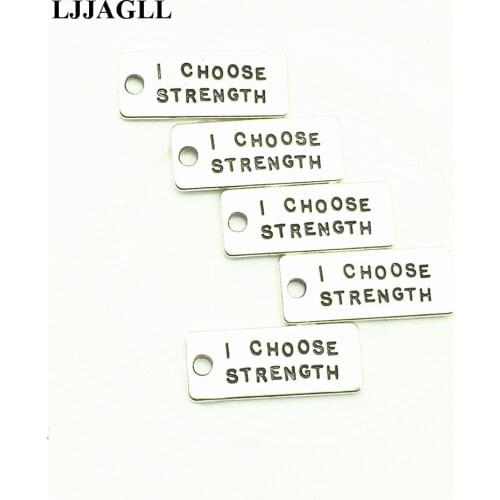 LJJAGLL Silver 80pcs "I CHOOSE STRENGTH" tags pendant 10*24mm Fitness letter Plate Charms Fit Jewelry DIY Earring Make AYD018
