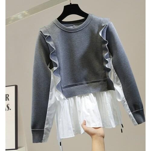 Korean Style Fashion Ruffles Pleated Sweat Shirt Women Grey Hoody Long Sleeve Color Patch Hoodie Students Street Pullovers Top