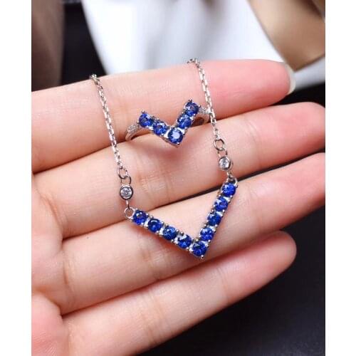 Fashion triangle geometry Natural blue sapphire stone wedding jewelry sets natural gemstone ring necklace S925 silver jewelry
