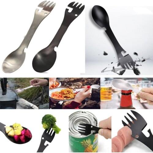 Multitool Stainless Steel 5 IN 1 Camping Fork Spoon Picnic Camp Fork Spork Kitchen Flatware Utensil Can Opener Portable Outdoor