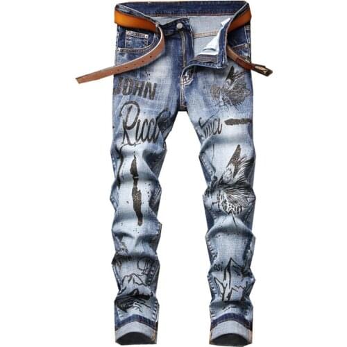 Mens Letters Butterfly Printed Jeans Fashion Stretch Denim Slim Straight Pants Blue Trousers