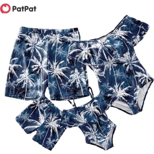 PatPat 2021 New Arrival Summer Flounce Coconut Tree Print Matching Swimsuits Family Look Sea and Beach Wear