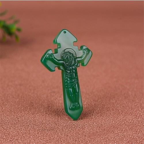 Natural Green Chalcedony Hand Carved Cross Pendant Fashion Jewelry Mens and Womens Agate Necklace