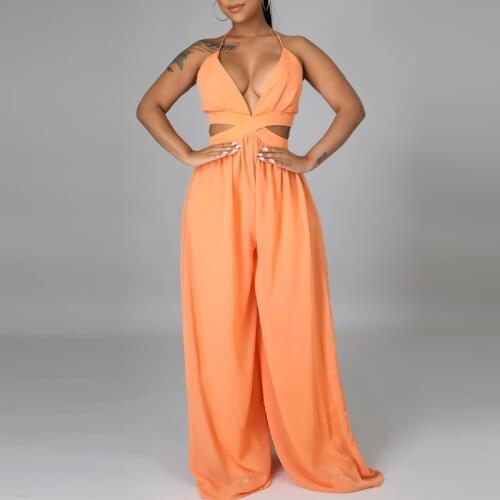 Chiffon solid straight leg sleeveless women causal jumpsuits womens elegant long sexy jumpsuit 2021 summer beach loose rompers