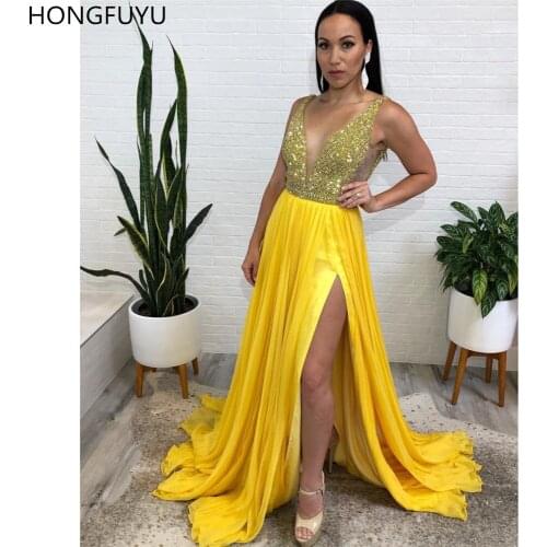 HONGFUYU Yellow Crystals Prom Dresses A Line Chiffon Evening Gowns robe de soiree Formal Dress Long Side Split Vestido Longo