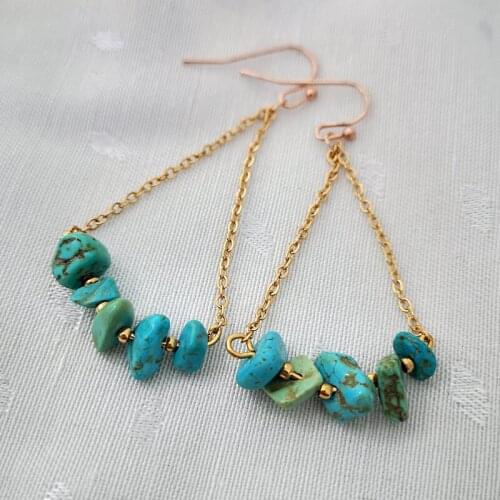 Triangle Golden Chain Turquoises Dangle Earrings Jewelry Boho Ethnic Tribal Gravel Natural Blue Stone Earrings for Women