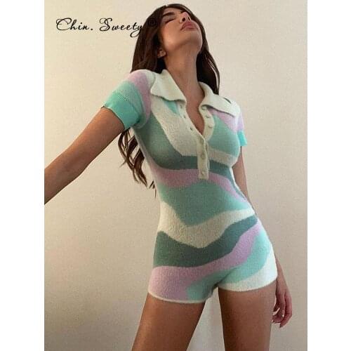 Print Womens Sexy Turn-down Collar Playsuit 2021 Summer Short Sleeve Single Breasted Skinny Palysuits Ladies Club Party Clothes