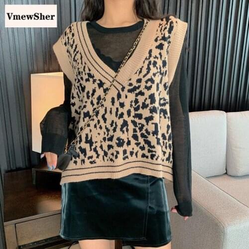 VmewSher Leopard Pullover Knitted Vest Women Casual Vintage Korean style Sweater Soft Sleeveless V-Neck 2020 Spring Autumn Vest