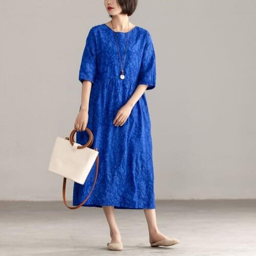 Women Summer Cotton Retro Solid Color Dress Ladies Vintage Dress Female Wrinke Round Neck Floral Dress