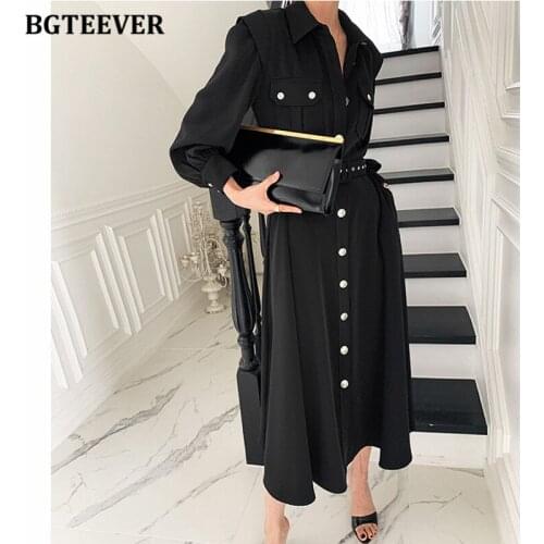 BGTEEVER Elegant Lapel Female Single-breasted A-line Dress Autumn Long Sleeve Belted Midi Women Dress Vestidos 2021