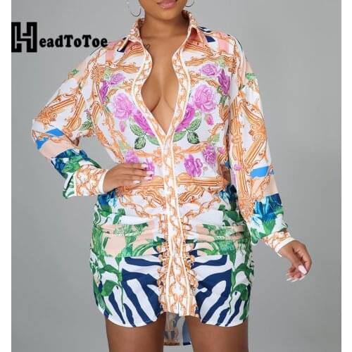 Chic Floral Print Long Sleeve Dip Hem Shirt Dress Women Turn Down Collar Casual Dress