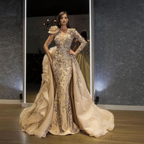 Floral Bead Evening Dress Vestido De Festa Saudi Arabic Evening Dresses With Detachable Skirt Sleeve Applique robe de soiree