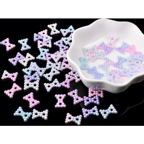 100p 8x12mm Bow rainbow Flatback Half Round Pearl Resin rhinestones Scrapbook Decoration Beads for headdress jewelry making DIY