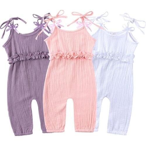 Brand New Fashion Toddler Kids Baby Girl cotton linen Overall Suspender Pant Ruffle solid long Jumpsuit One Pieces Clothes MR265