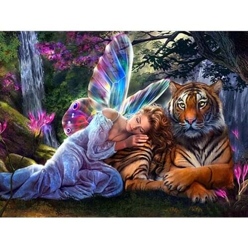 5D Diamond Painting Tiger and Girl Cross Stitch Kit Full Drill Diamond Embroidery Elf Mosaic Picture of Rhinestones Home Decor