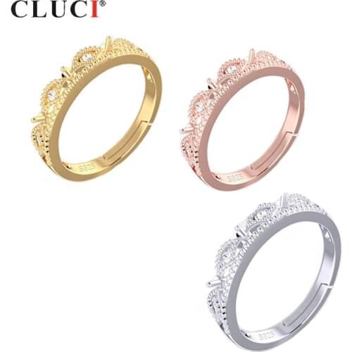 CLUCI 925 Sterling Silver Rose Gold Crown Ring for Women Silver 925 Pearl Ring Mounting Adjustable Crown Ring Jewelry SR2223SB