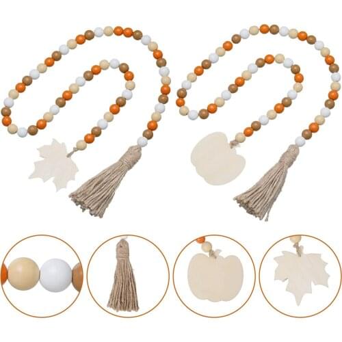 2PCS Halloween Thanksgiving Decot Halloween Wooden Bead Garland Wreath With Tassel Maple Leaves And Pumpkin Beads