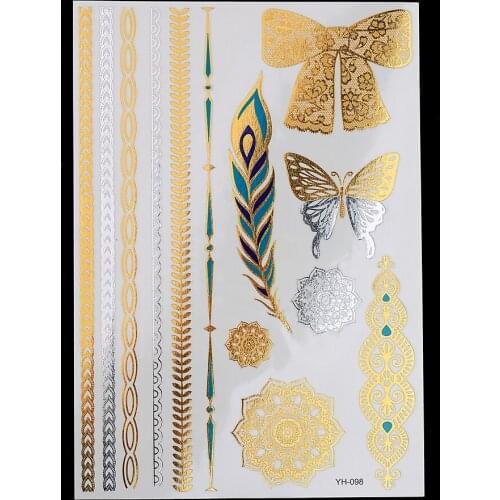 DIY 1pc Flash Sexy Products Metallic Waterproof Tattoo Gold Silver YH-098 Henna Feather Bow Tie Jewelry Temporary Tattoo Sticker