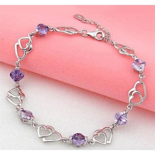 Elegant Love For Women Purple Amethyst Double Hollow Heart to Heart Romantic Jewelry Gifts Bracelet