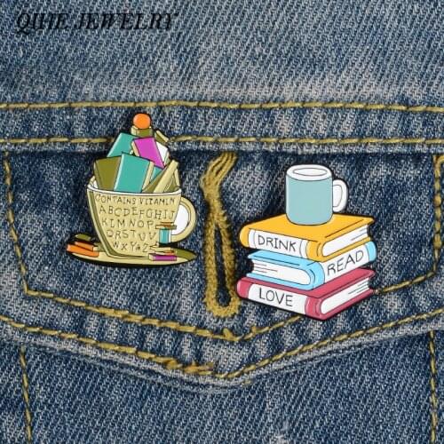 QIHE JEWELRY Book Pin Contain Vitamin Cup Enamel Lapel Pin For Book Lover Denim Jeans Bags Gift For Friends