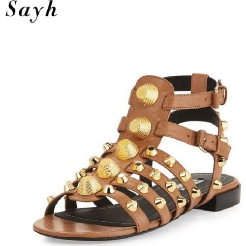 EU 43 Fashion Women Summer Rome Buckle Sandals Open Toe Ankle Strap Punk Studded Rivet Flats Casual Rock Shoes