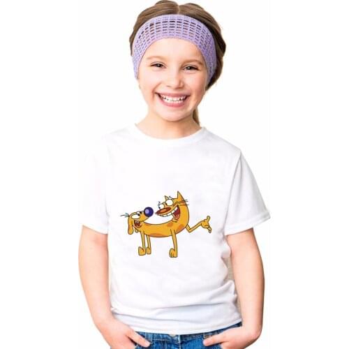 Boys and Girls Cartoon Cats and Dogs Print TShirt Children Comics Funny Cute Burst Clothing Baby Animal Dog Cat Cotton White Top