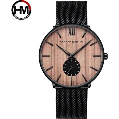 Hannah Marti HM-1002 New Fashion Model Wood Round Clock Stainless Steel Mesh Waterproof Black Men Fashion Quartz Wristwatches