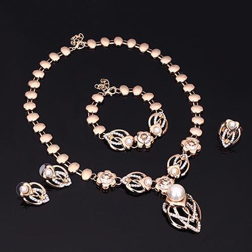Crystal Faux Pearl Ring Earrings Bracelet Collar Necklace Jewelry Set african jewelry set