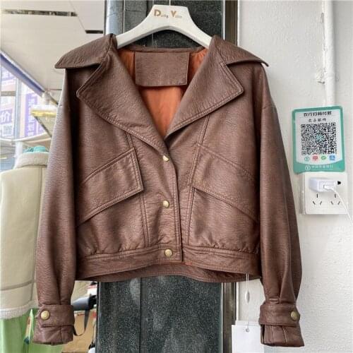 Korean Loose Red Khaki Apricot Short Faux Pu Leather Jacket Women Casual Long sleeve Punk Motorcycle Biker Jackets 2021 Spring