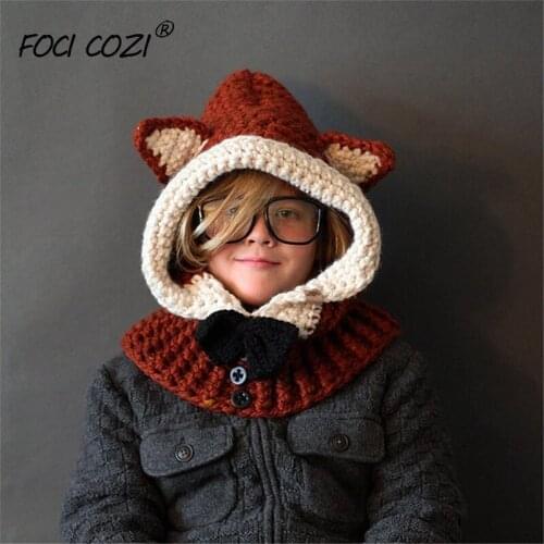 Cute Fox Animal Design Knitted Hat With Neckerchief Kids Crochet Hooded Cap Photography Props Beanies Scarf For Girls