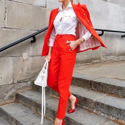 RMSFE 2021 Ladies Fashion Solid Color Long Sleeve Suit Collar Casual Suit Coat Pants Simple Two-Piece Set