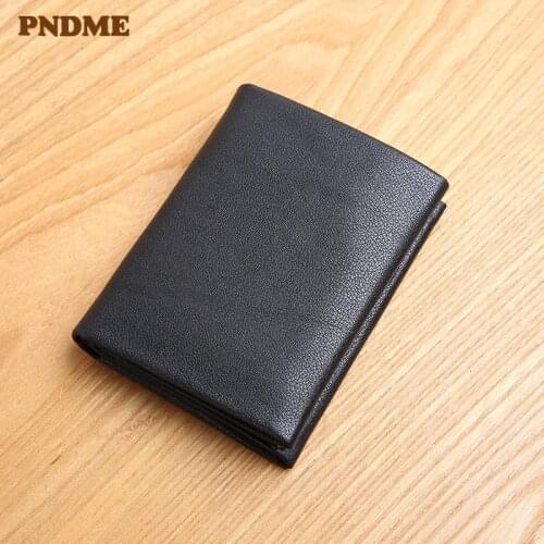 Minimalist genuine leather mens black small wallet casual natural first layer cowhide student short Mini ID card holder purse