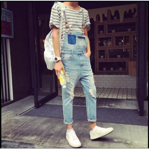 2020 Summer New Men Denim Strap Pantyhose Tide One Piece Suspenders Denim Overalls Pants Bib Trousers Jeans Singer Costumes