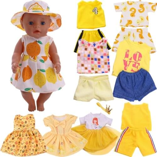 New Doll Yellow Suits For 18 Inch American & 43Cm Baby New Born Doll Cute Cartoon Printing For Our generation Doll Daily Life
